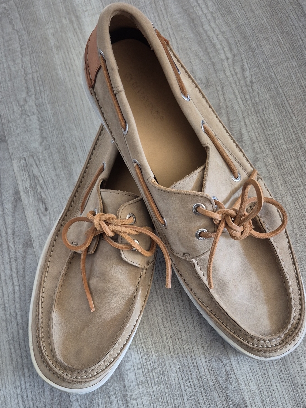 Sebago Men's Taupe Leather Boat Shoes with Tan Laces